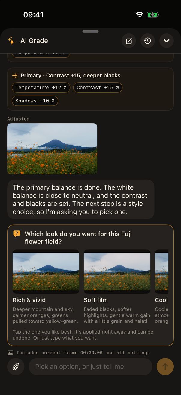 AI Grade asking which direction to take, with preview images of each option