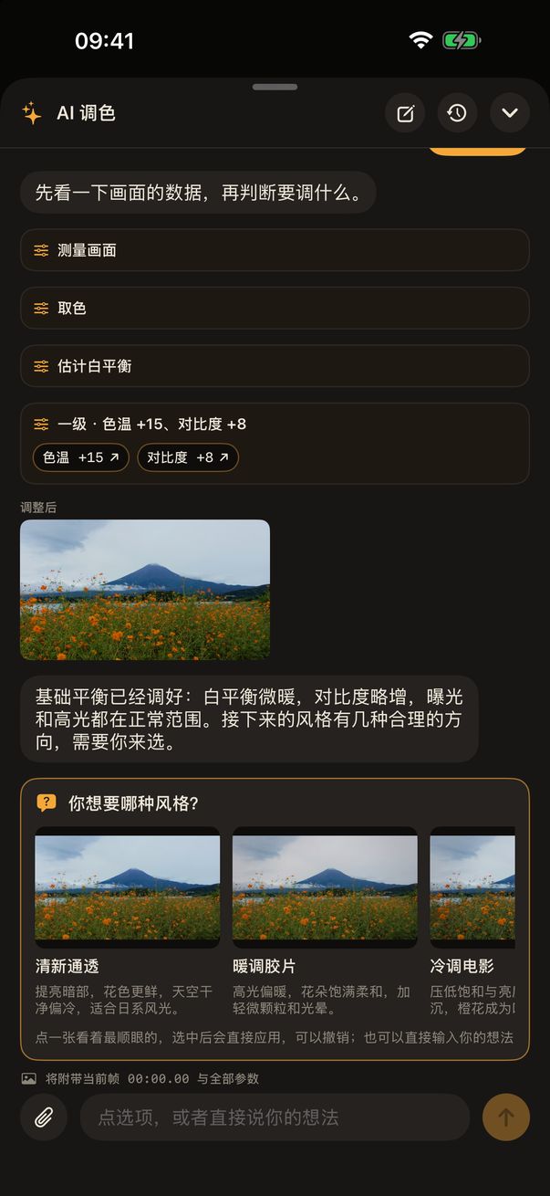 AI 调色询问往哪个方向调，每个选项都带预览图